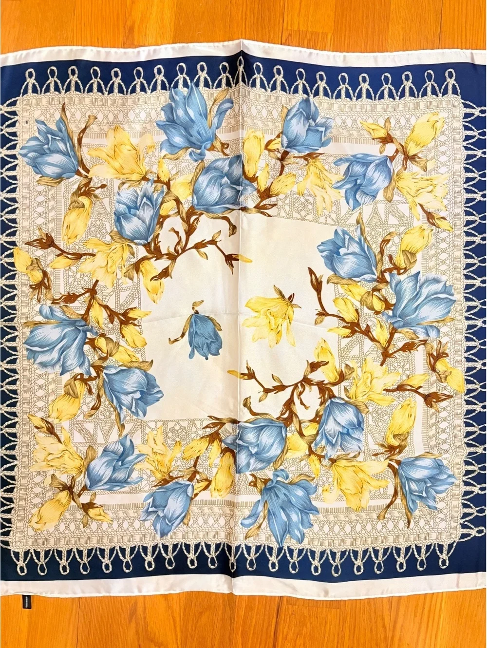 Elegant Floral Scarf with Blue and Yellow Flowers on Navy and White Border